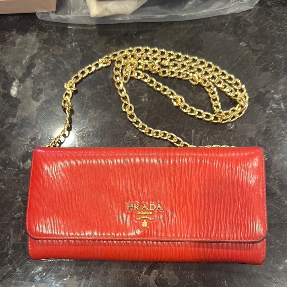 Prada Red and Gold Clutch with Chain